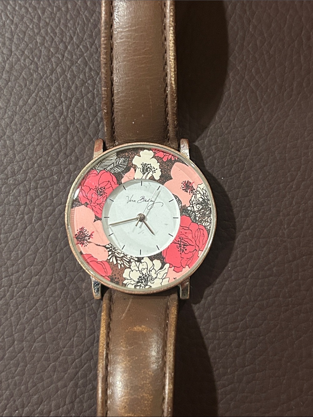 Vera Bradley VINTAGE Pink Floral Dial Watch w/ Brown Leather Strap. See pics.